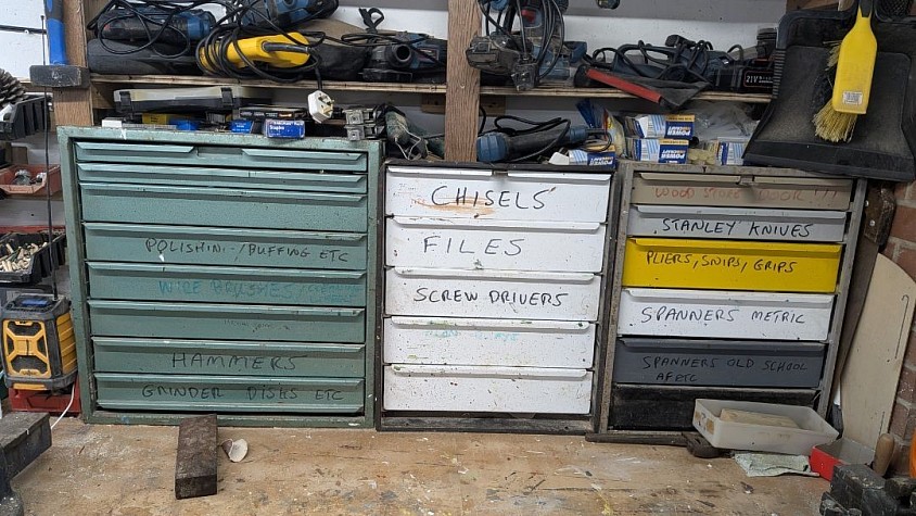 Equipment drawers labelled at Men in Sheds Lancing and Sompting